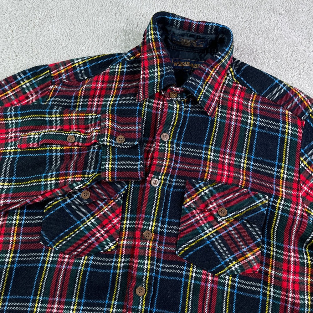 Vintage Woodland Shirt Mens Medium Black Red Plaid Flannel Tartan Button Up